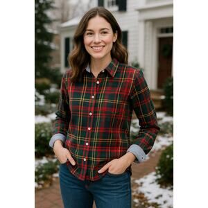 Sunday West Handmade Plaid Shift Dress with Leopard Trim – Size Small